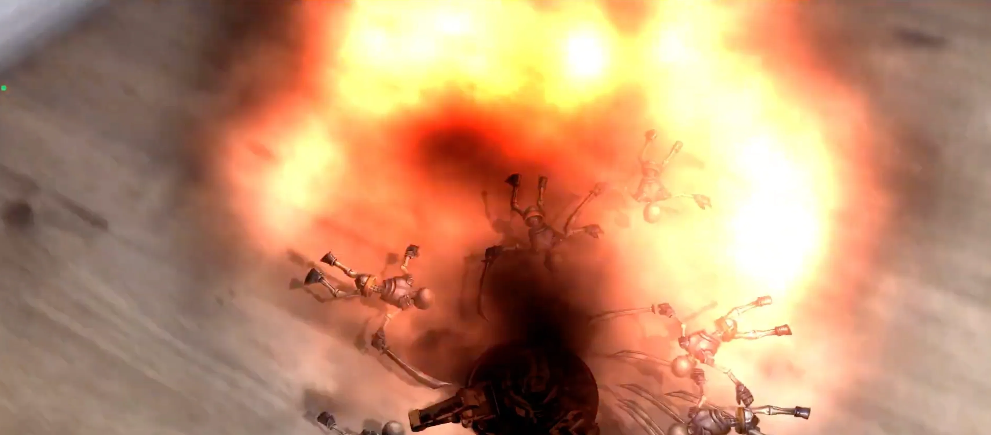 Skeletons AR gameplay screenshot showing skeleton enemies caught in an explosion on a mobile Unity scene