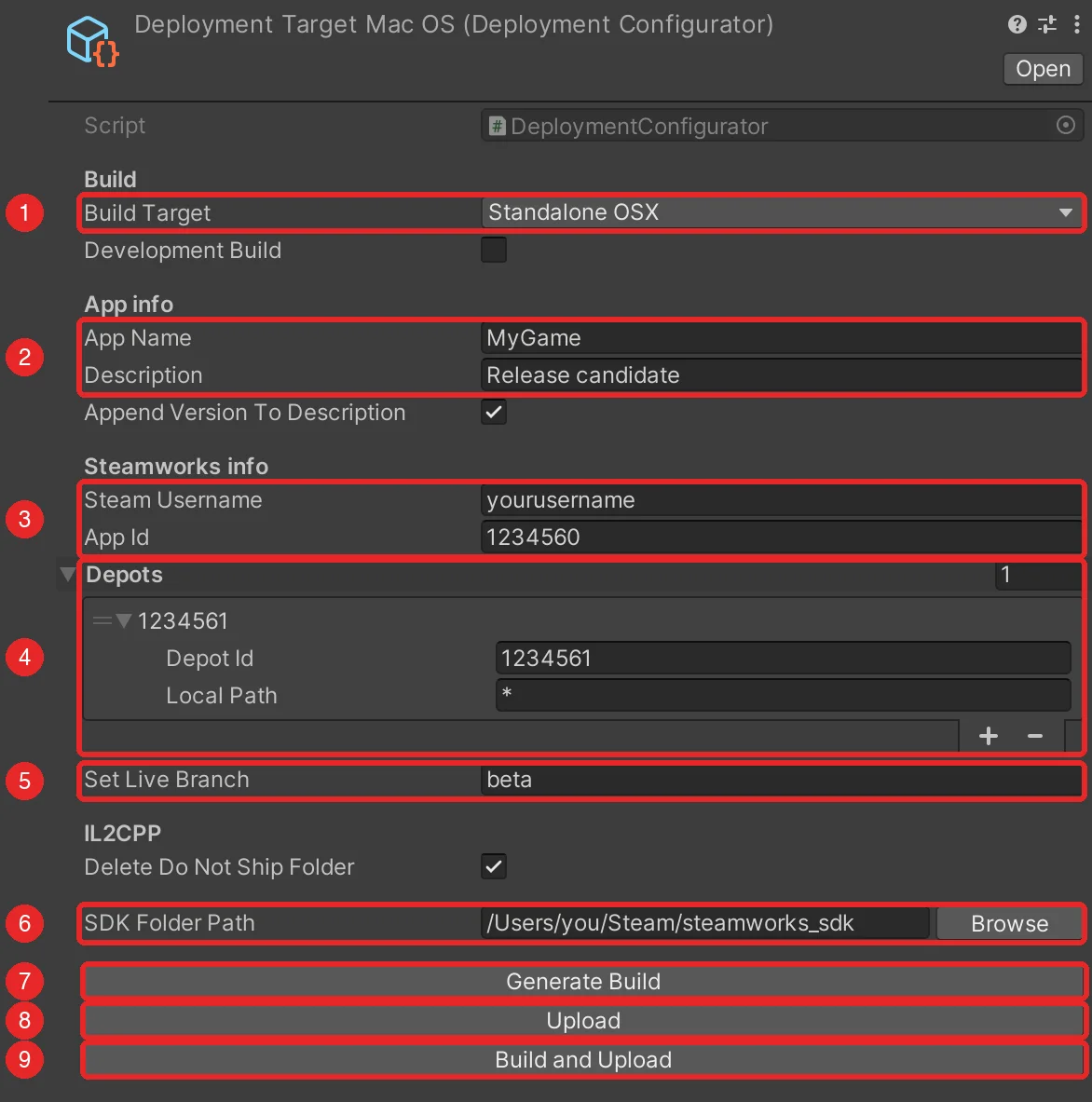 Deployment target in the Unity Inspector with its fields and buttons numbered one to nine