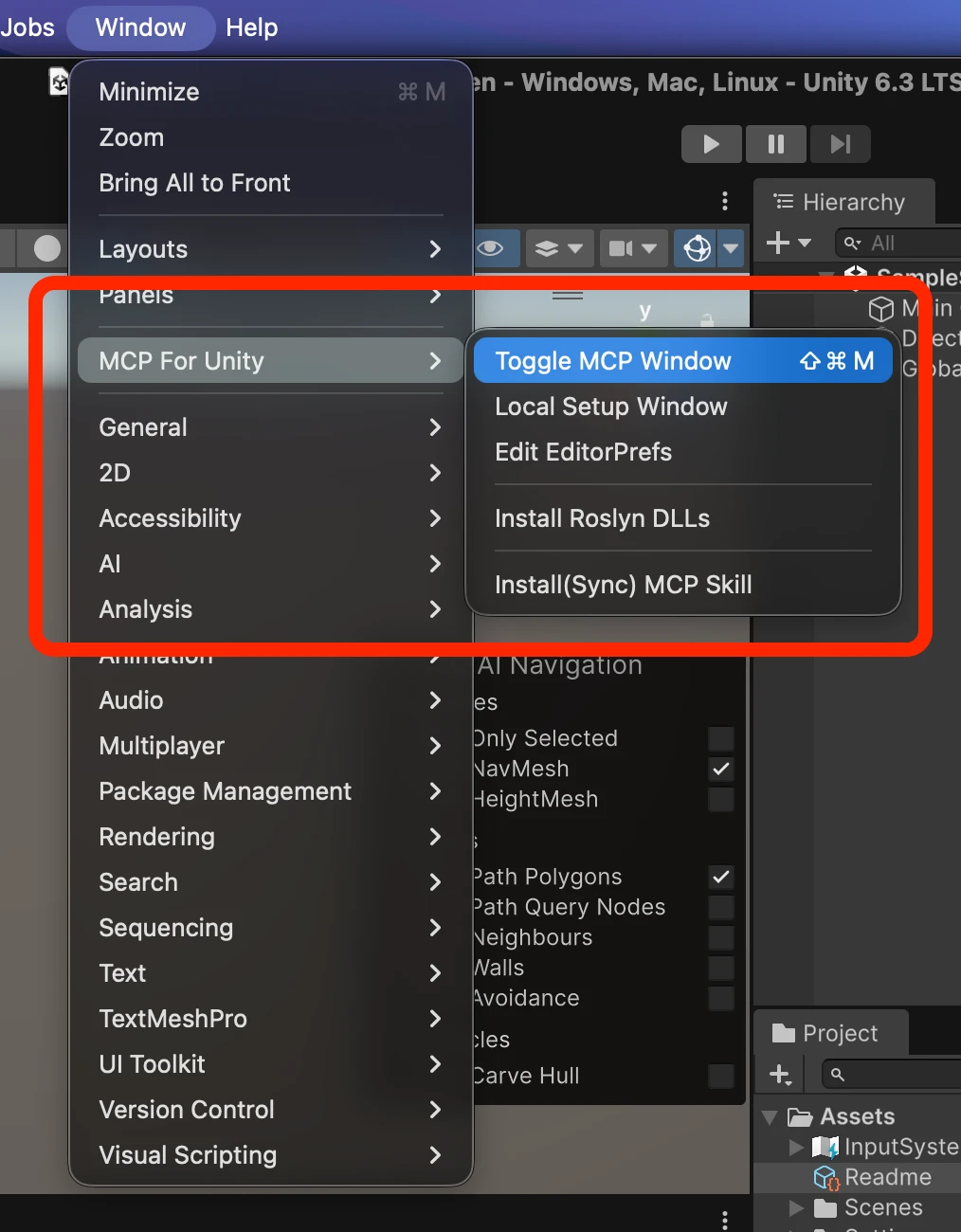 Window menu with Toggle MCP Window for MCP For Unity