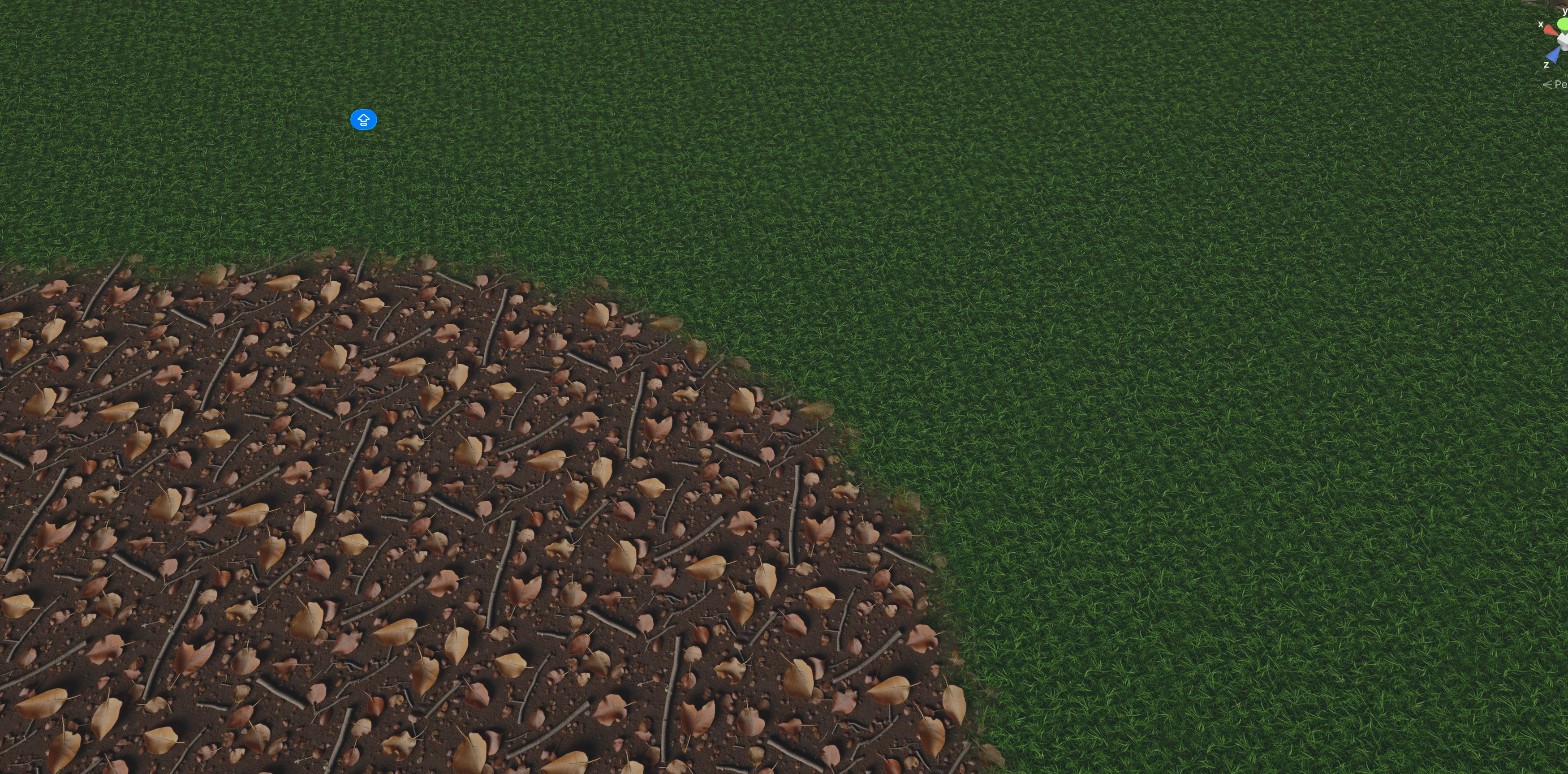 Close-up of texture blending between grass and dirt patches generated by Unity AI Assistant