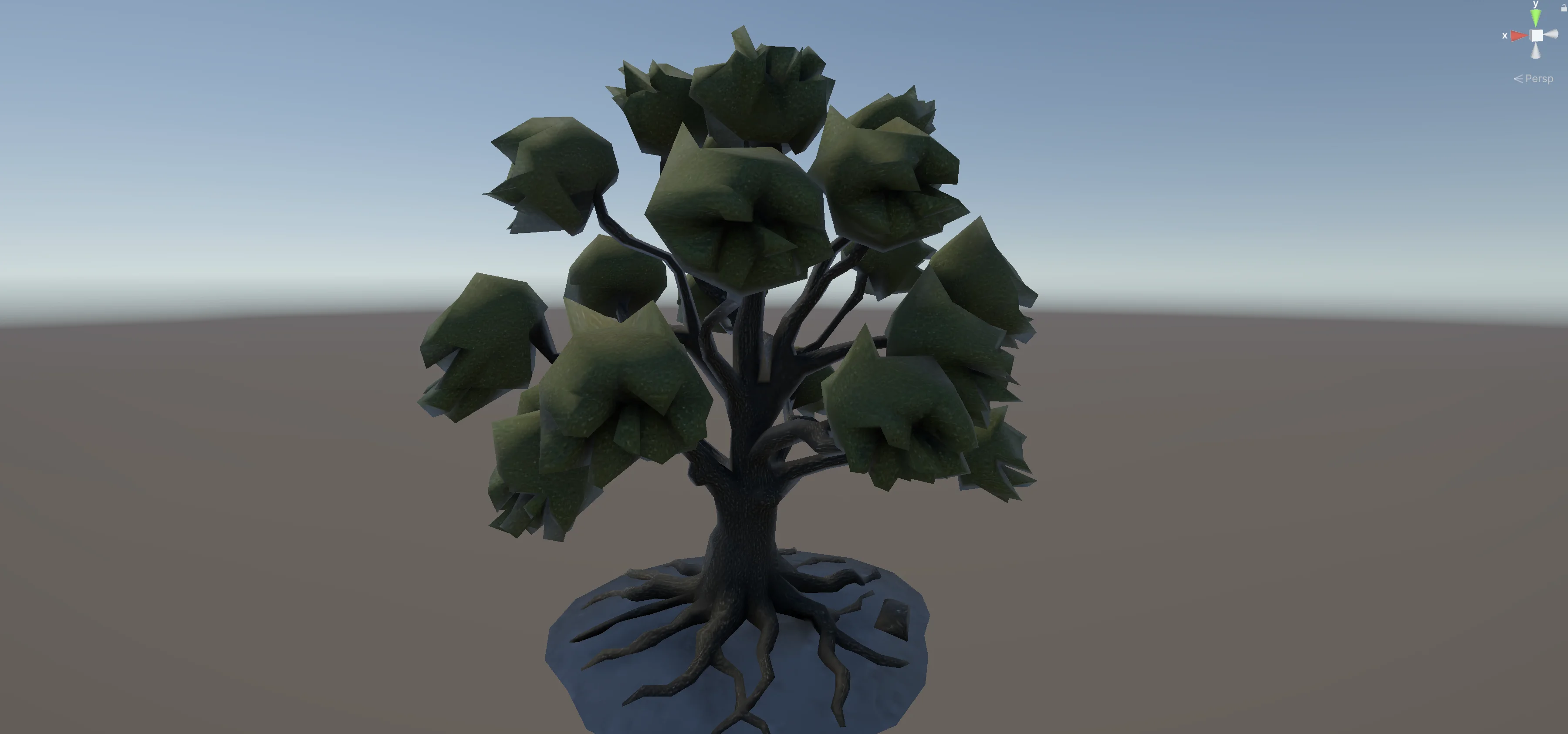 Low-poly 3D tree with stylized leaves and visible roots generated by Tripo through Unity AI Assistant during the world generation prompt