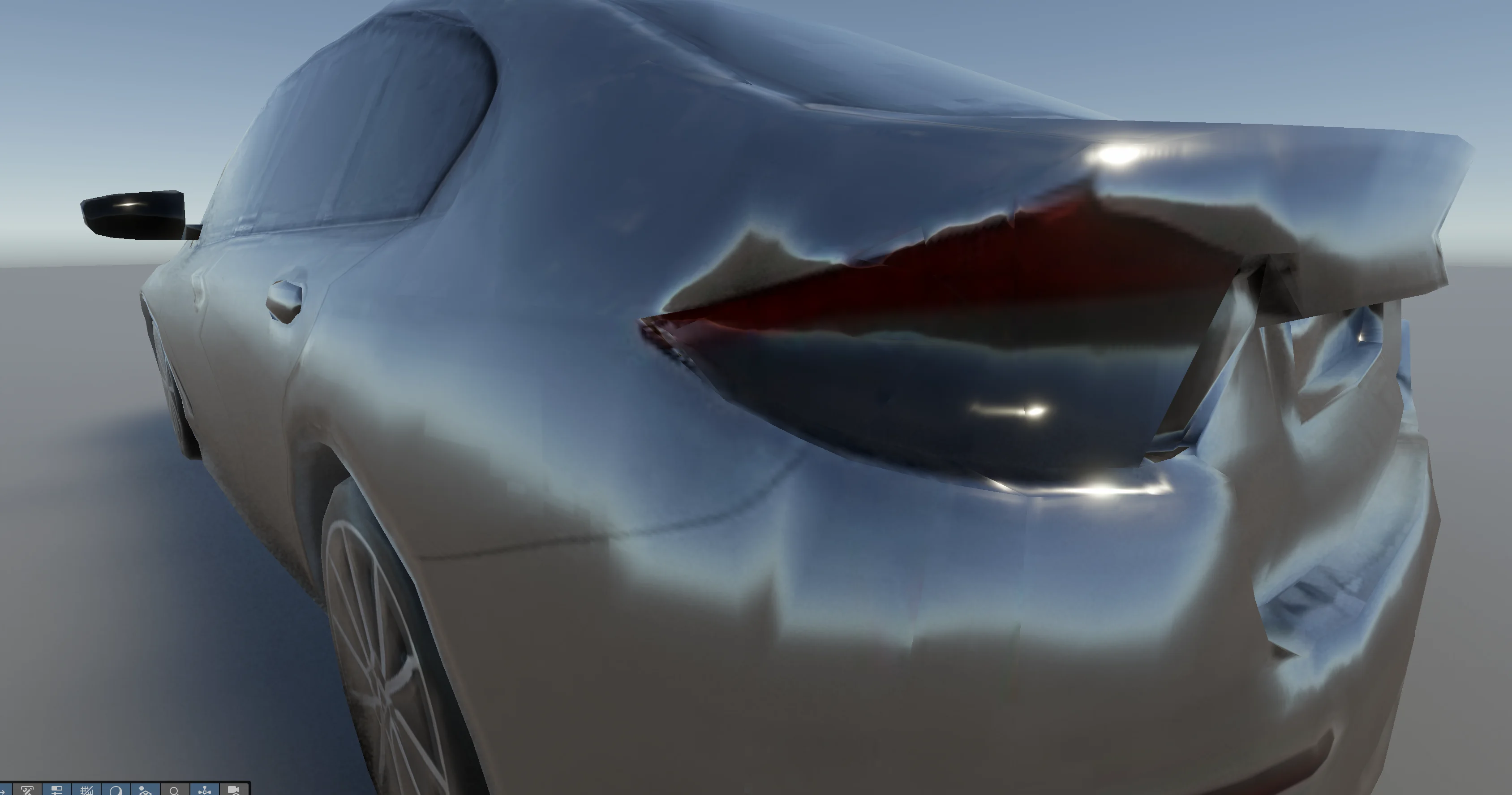 Close-up of the Unity AI Assistant generated BMW model showing mesh artifacts and texture imperfections at the rear