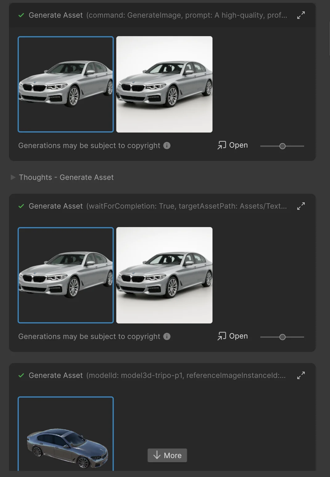 Unity AI Assistant generate asset workflow showing image generation followed by Tripo image-to-3D model conversion in the prompt output