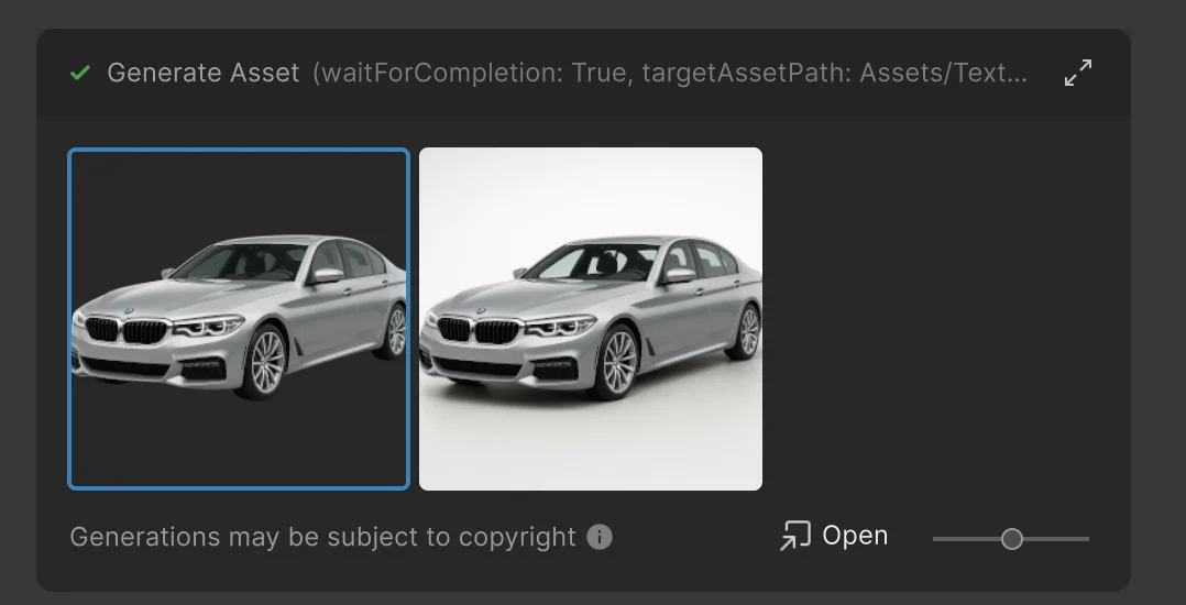 Unity AI Assistant copyright warning reading Generations may be subject to copyright shown under the generated BMW image previews