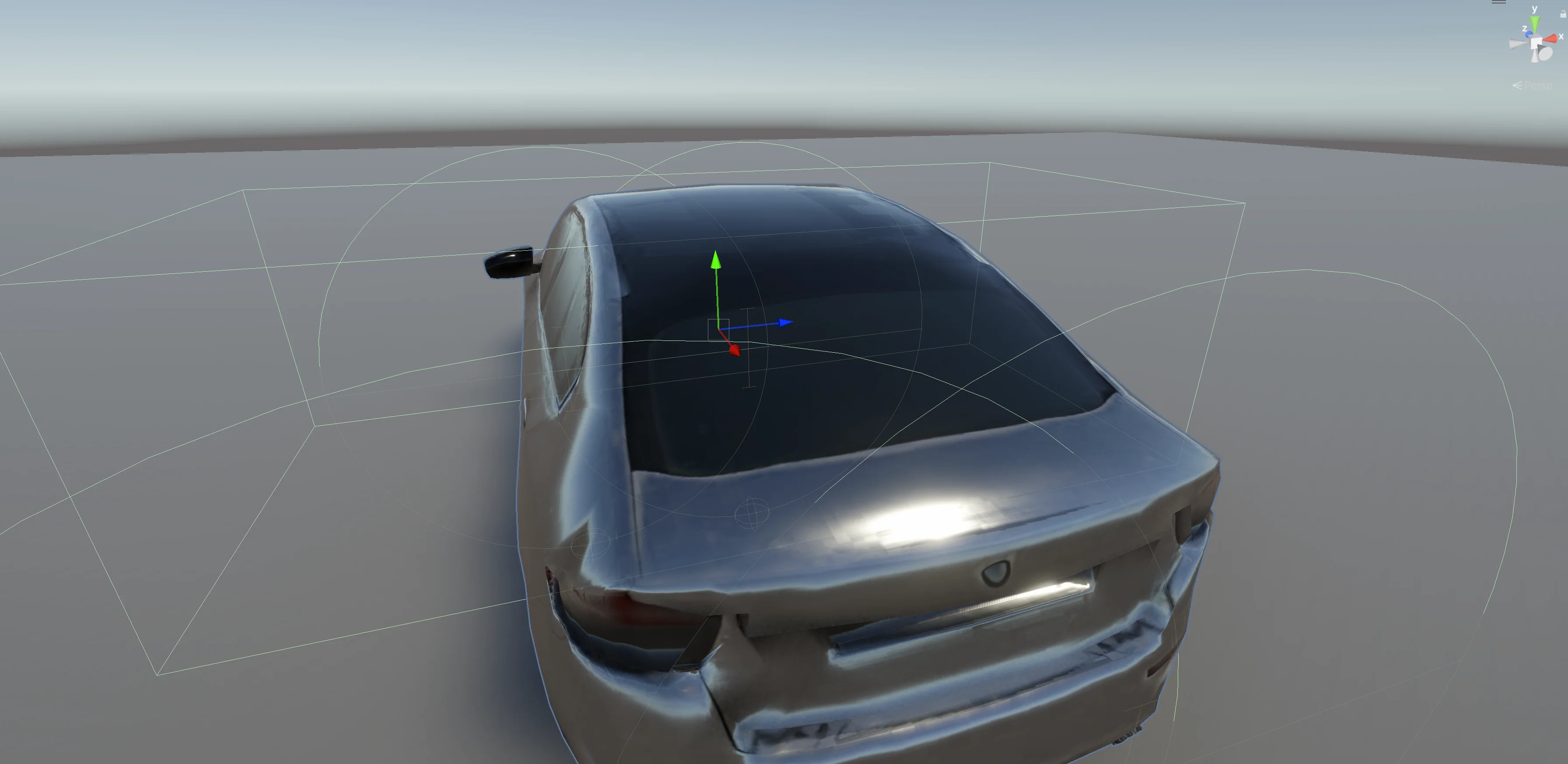 BMW car in Unity scene view surrounded by oversized collider wireframes generated by Unity AI Assistant during the drivable car prompt