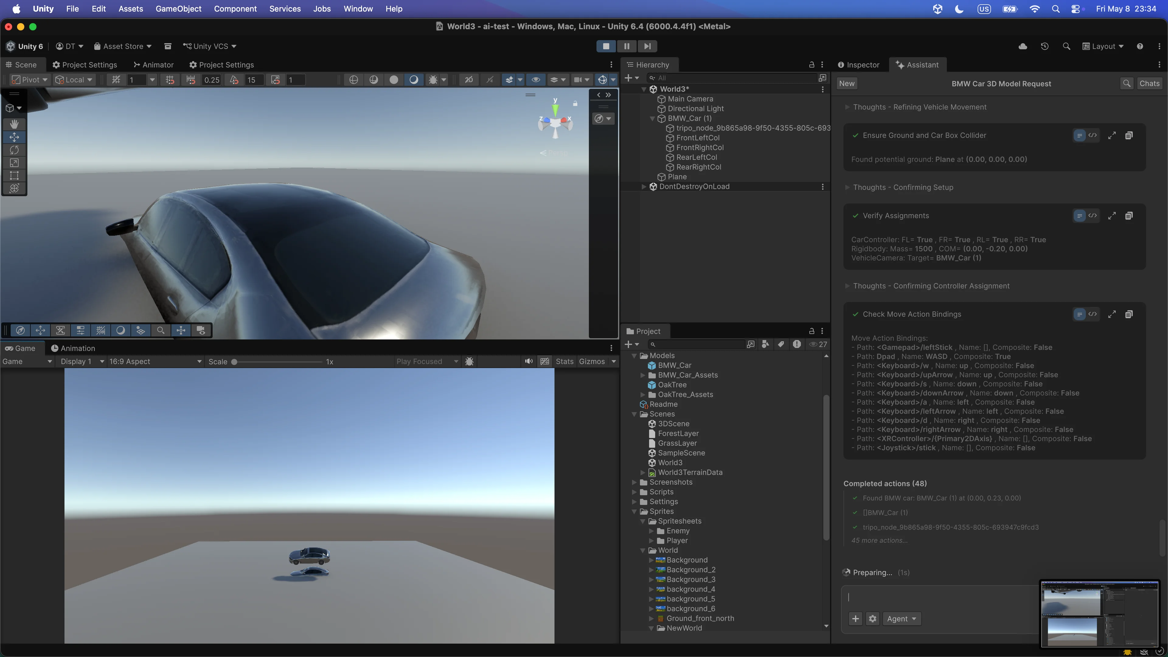 Unity editor showing the BMW car floating above the ground in game view while Unity AI Assistant attempts to verify wheel colliders and input bindings
