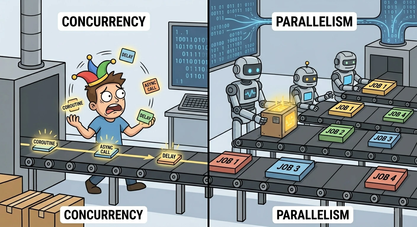 Concurrency versus parallelism: interleaving work in time compared to multiple cores running code at once