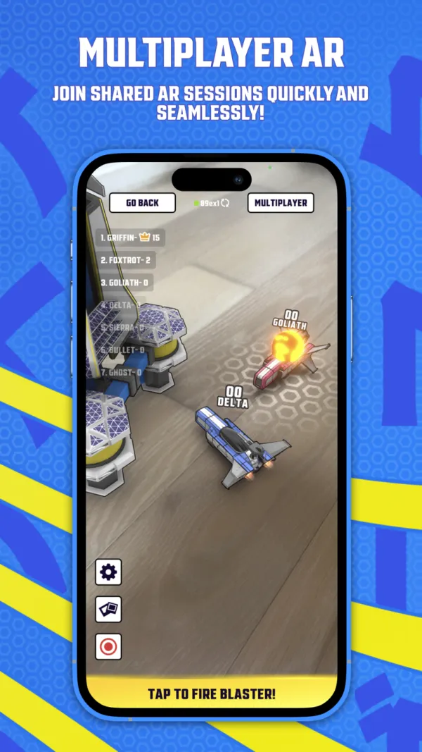 Two hovercars fighting in a shared AR arena on a living room floor